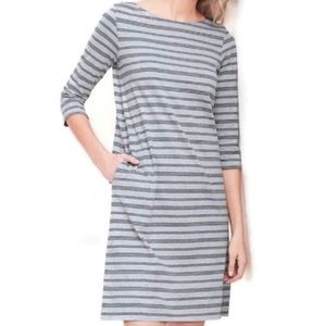 Garnet Hill Gray Black Stripes Organic Cotton Bateau Neck Shift Dress Pockets